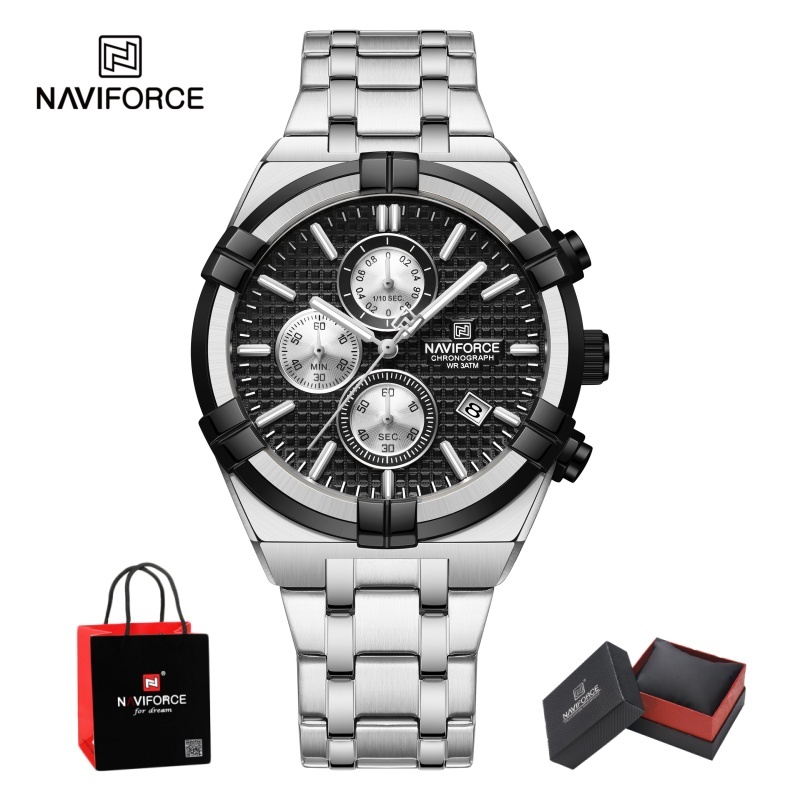 Jewelry For Watches - นาวิฟอร์ซ นาฬิกาควอตซ์โครโนกราฟสำหรับผู้ชาย กันน้ำ มีเข็มเรืองแสง แสดงวันที่ ตัวเรือนสแตนเลส